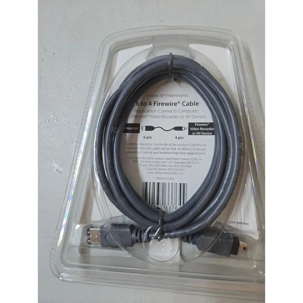 Cyber Power FireWire 6 Pin to 4 Pin Cable 6ft 1.8m 400Mbps for Video Recorder AV